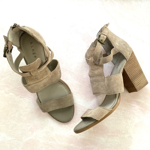 Hinge Taupe Leather Ankle Zip Heeled Sandals Sz 11 - Picture 2 of 13